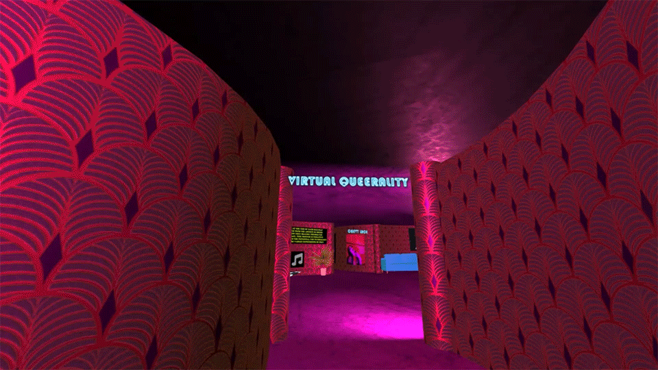 virtual environment with red-wallpapered walls, pink carpet, with text reading: 'VIRTUAL QUEERALITY.'